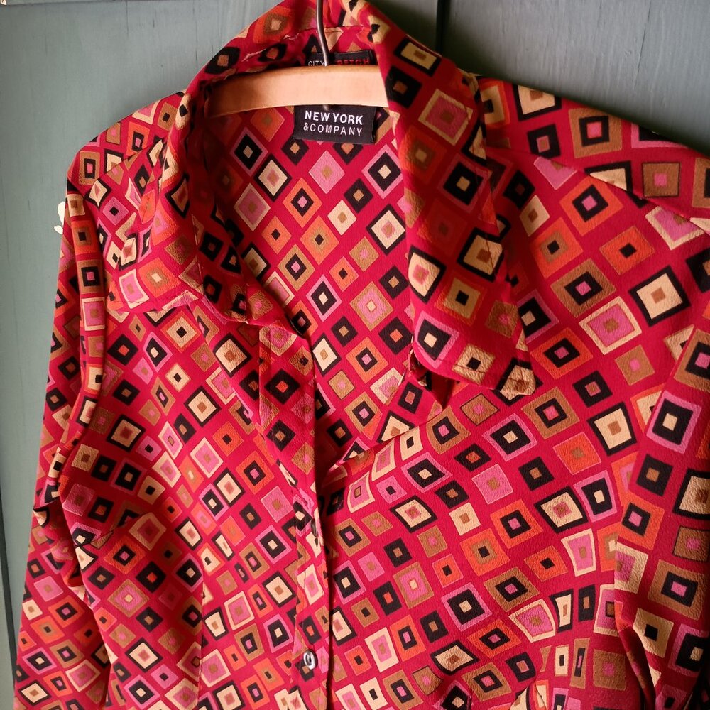 Button Down City Stretch NY&Co Women's Blouse Stripes Collar Cuffs Size M